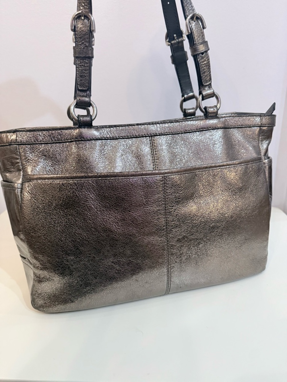 Coach Gallery F17721 Metallic Silver Leather Medium East West Tote Shoulder Bag - Picture 4 of 10